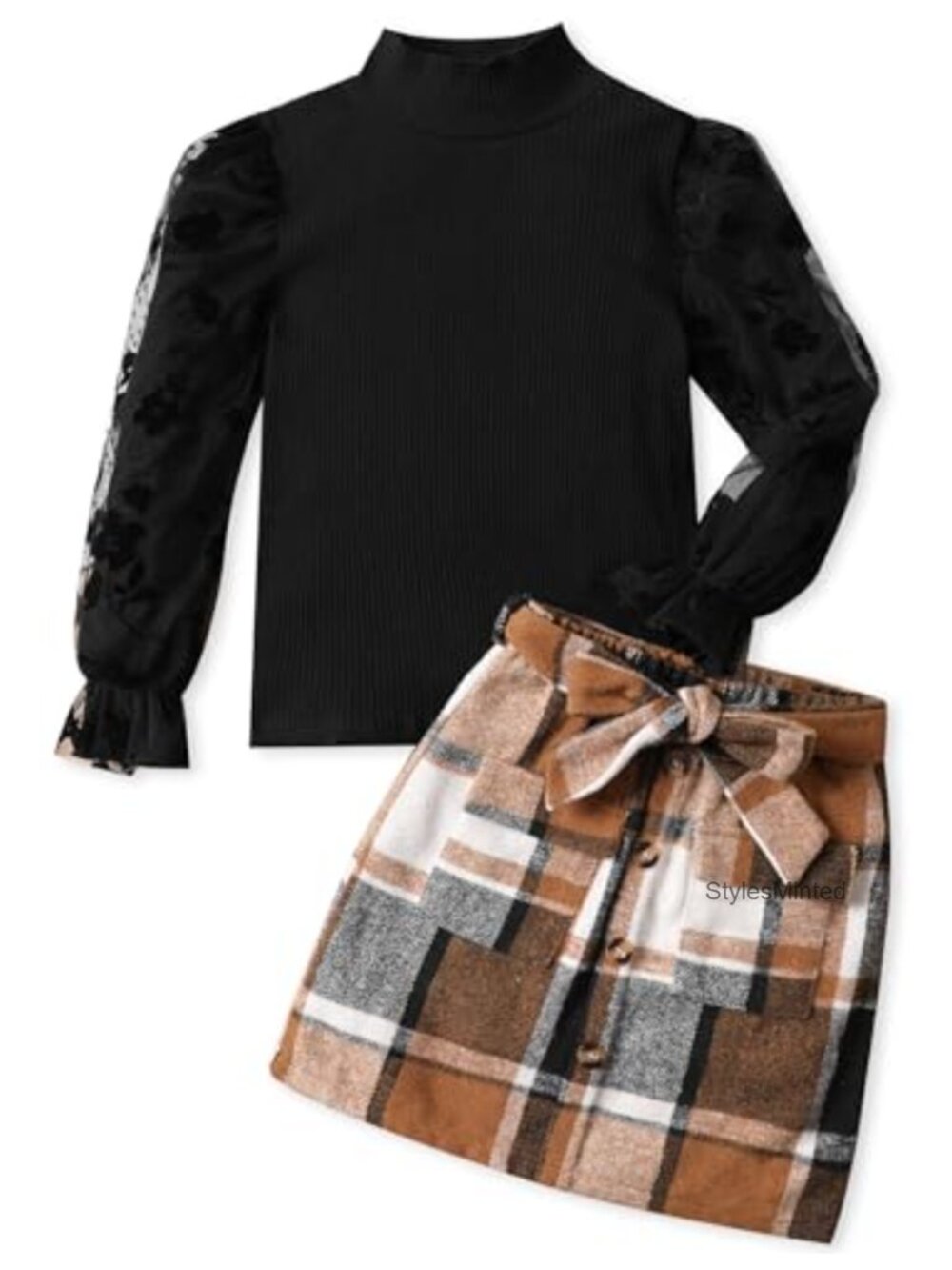 Toddler Girls 2-Piece Top and Plaid Skirt Set Lace Sleeve Cotton Casual